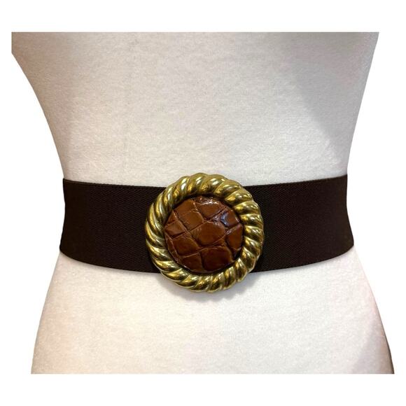 Vintage 80 Pearl Wide Chunky Belt Women L Elastic Gold Brown Leather Boho Hippie - Picture 1 of 6